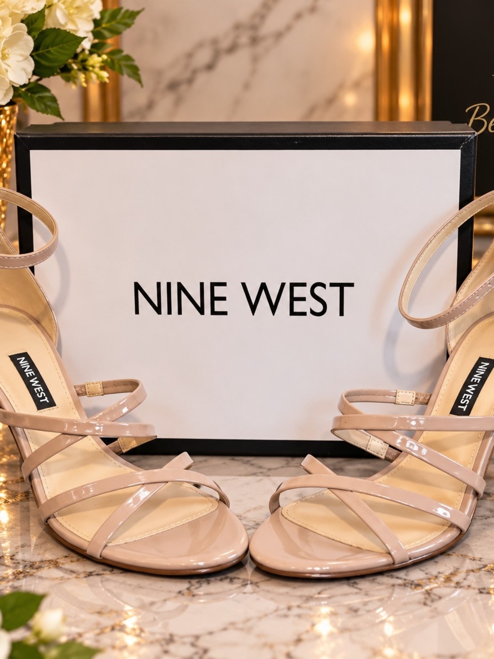 Nine West Beige Patent Strappy Heeled Sandals NWOT